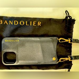 Bandolier black with gold hardware case crossbody for iPhone 11 pro size.